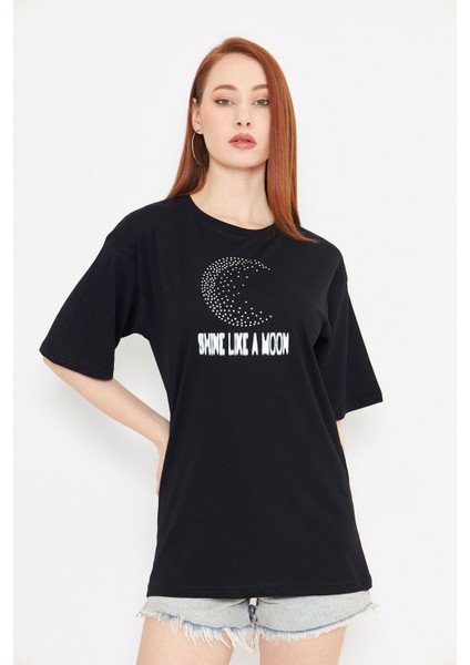 Taş Baskılı Tshirt Oversize Ay Gibi Parla