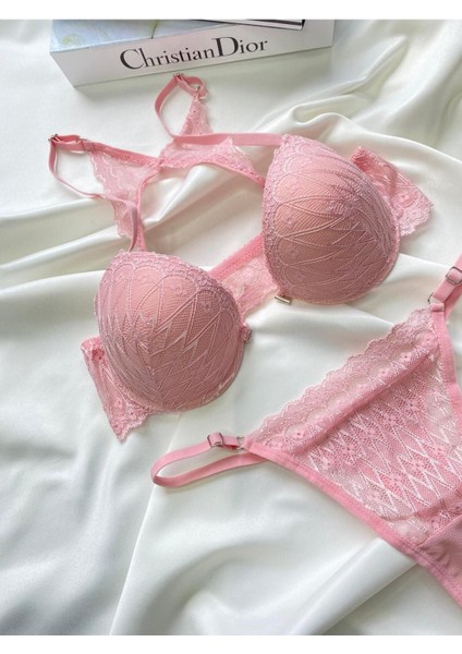 Pembe Destekli Sütyen Takımı Önden Kapamalı Iç Çamaşır Sütyen Tanga Set Kadın Iç Giyim