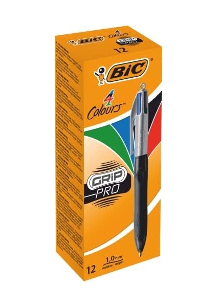 4 Colours Grip Pro Tükenmez Kalem 12'li Kutu, Kauçuk Tutacak, 1.0mm Uç, Tek Kalemde Mavi, Kırmızı, Yeşil ve Siyah Renkler