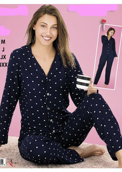 Kalp Desen Lacivert Pamuklu Milan Kumaş Düğmeli 2 Li Pijama Takım Uzun Kol