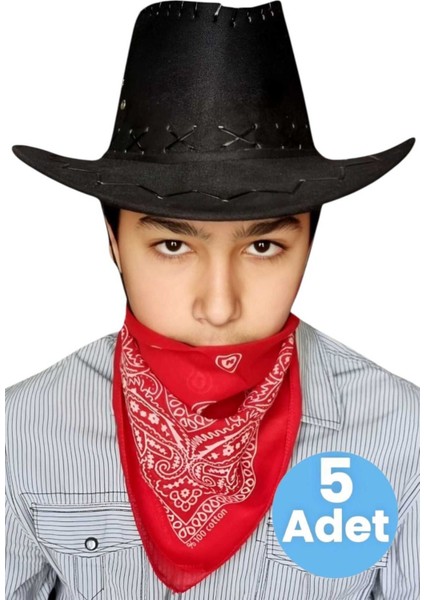 Çocuk Unisex Bandanalı 5'li Nubuk Kovboy Şapkası ( 8-14 Yaş )