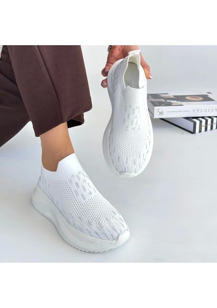 Ceylinmoda Soord Beyaz Triko Boncuk Işlemeli Spor Ayakkabı