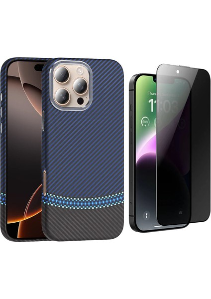 iPhone 15 Pro Max Kılıf Magsafe Şarj Özellikli Karbon Fiber Görünümlü Zore Gros Kapak + Hayalet Ekran Koruyucu