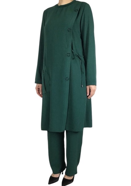 Kadın Önden Tek Cepli Sahte Düğme Detaylı Pantolon Beli Lastikli Ikili Takım