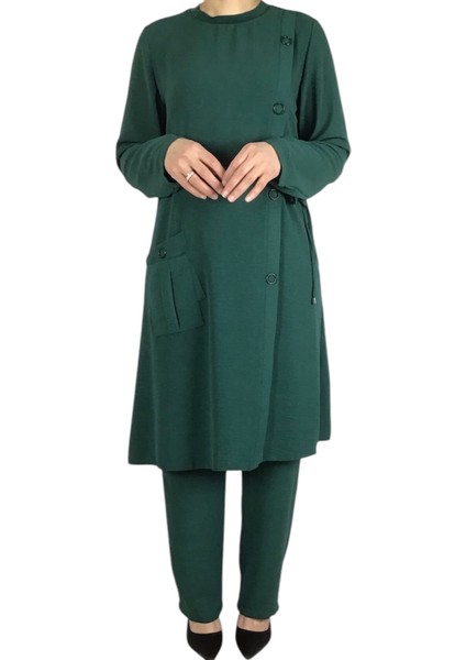 Kadın Önden Tek Cepli Sahte Düğme Detaylı Pantolon Beli Lastikli Ikili Takım modelleri