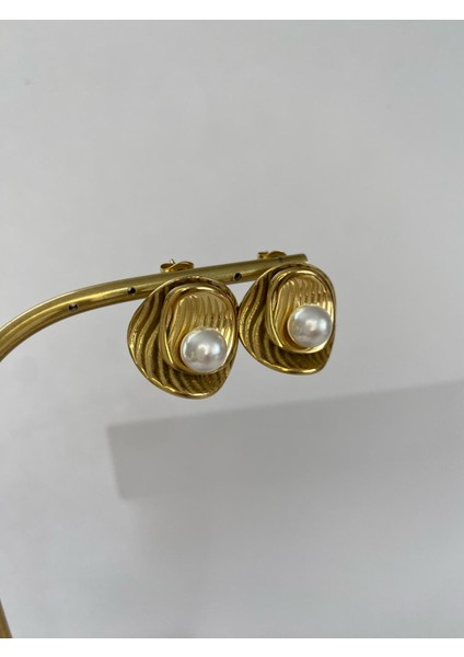 Sedef Yuvarlak Incili Çelik Gold Küpe