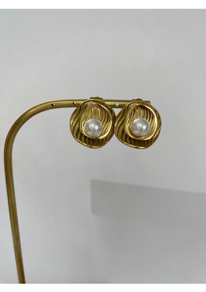Sedef Yuvarlak Incili Çelik Gold Küpe fırsatları