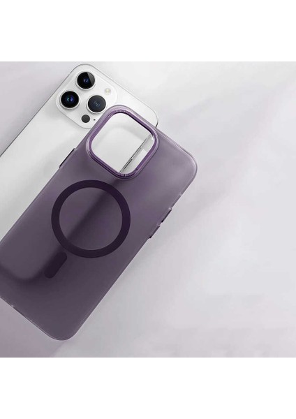 Apple iPhone 14 Pro Kılıf Magsafe Şarj Özellikli Buzlu Sert Pc Tuval Kapak-Derin Mor