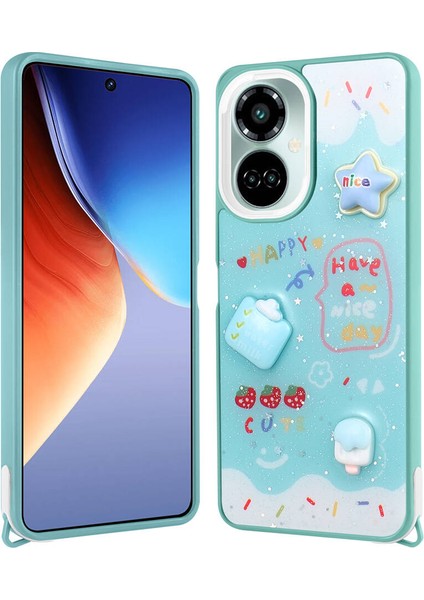 Tecno Camon 19 Pro Kılıf Parlayan Sıvılı Simli Kabartma Figürlü Cevze Kapak-Yeşil