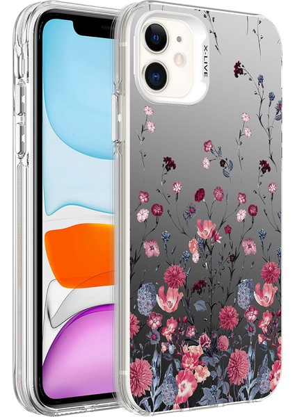 Apple iPhone 12 Kılıf Desenli Silver Sert Kapak-Çiçek