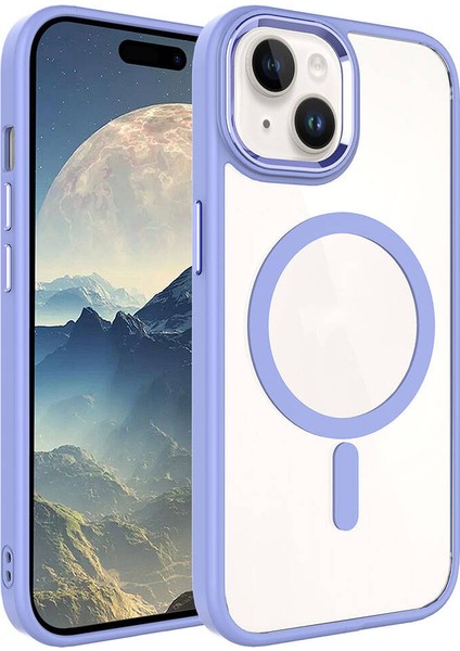 Apple iPhone 15 Plus Kılıf Wireless Şarj Özellikli Krom Magsafe Silikon Kapak-Lila