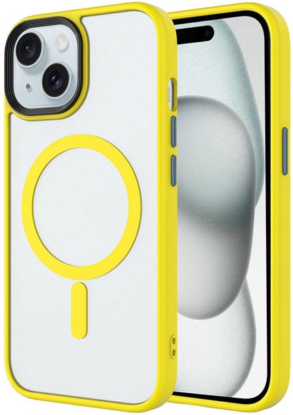 Apple iPhone 15 Plus Kılıf Mat Arka Yüzey Wireless Şarj Özellikli Tknr Flet Magsafe Kapak-Sarı