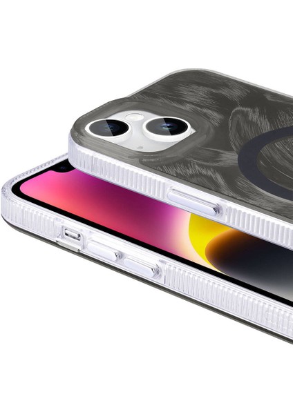 Apple iPhone 15 Kılıf Magsafe Şarj Özellikli Fırça Boya Desenli Palet Kapak-Gri
