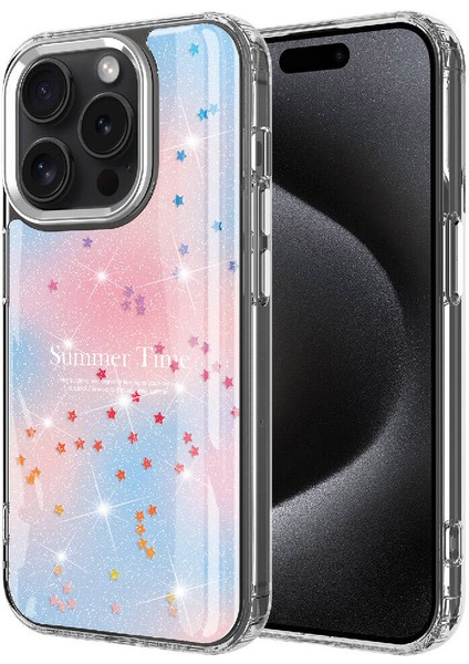 Apple iPhone 15 Pro Uyumlu Simli Desenli Parlak Task Kapak-Mavi