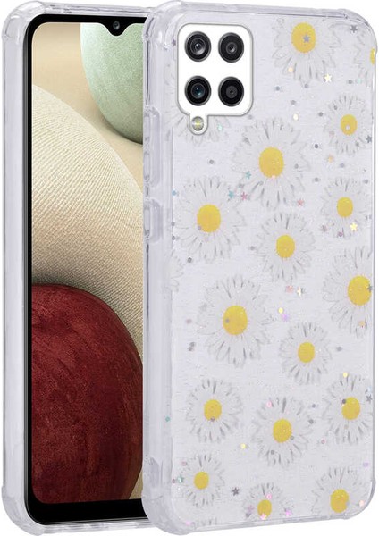 Samsung Galaxy M33 Kılıf Simli Desenli Kamera Korumalı Parlak Popy Kapak-Papatya