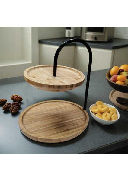 Bambu Sunumluk, Sunum Standı, Çift Katlı Sunumluk, Bambu Yuvarlak Sunumluk