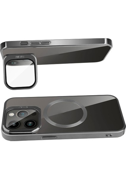 Apple iPhone 15 Pro Max Kılıf Magsafe Wireless Şarj Özellikli Standlı Klon Kapak-Gümüş