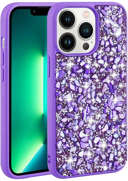 Apple iPhone 13 Pro Max Kılıf Parlak Taşlı Tasarım Linea Kapak-Mor
