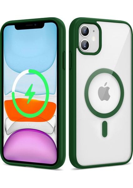 Apple iPhone 11 Uyumlu Magsafe Wireless Şarj Özellikli Silikon Ege Kapak-Koyu Yeşil