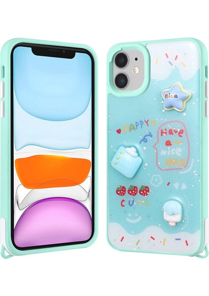 Apple iPhone 11 Kılıf Parlayan Sıvılı Simli Kabartma Figürlü Cevze Kapak-Yeşil