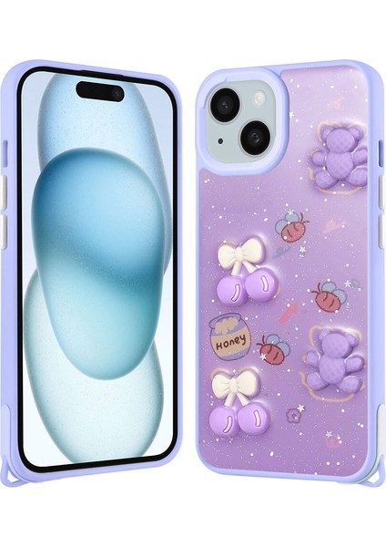 Apple iPhone 15 Plus Kılıf Parlayan Sıvılı Simli Kabartma Figürlü Cevze Kapak-Mor Ayı