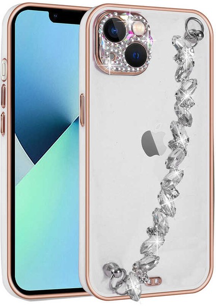 Apple iPhone 13 Uyumlu Taş Süslemeli Kamera Korumalı El Tutamaçlı Blazer Kapak-Beyaz