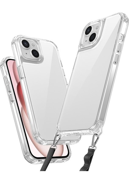 Apple iPhone 15 Kılıf Airbagli Takılabilir Askı Aparatlı Snap Silikon Kapak-Şeffaf