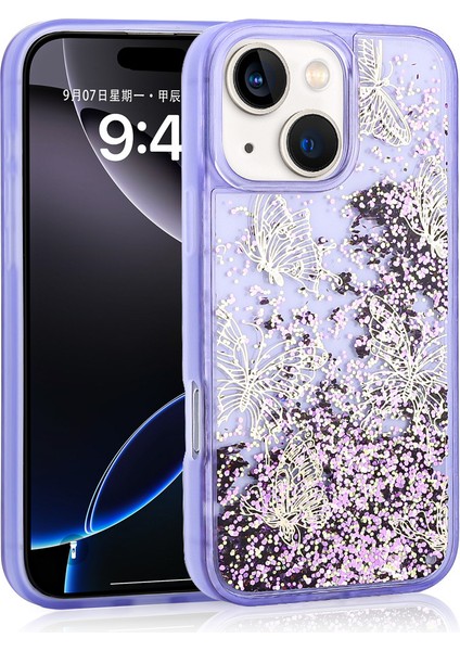 Apple iPhone 15 Uyumlu Kılıf Sıvılı Simli Kelebek Baskılı Şeffaf Arka Yüzey Glis Silikon Kapak-Mor