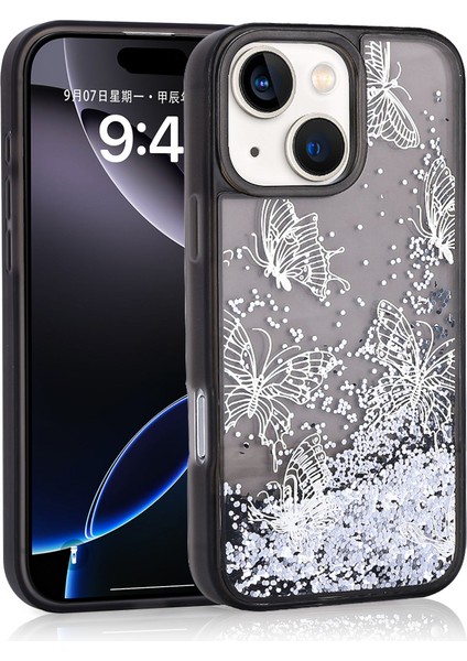 Apple iPhone 15 Uyumlu Kılıf Sıvılı Simli Kelebek Baskılı Şeffaf Arka Yüzey Glis Silikon Kapak-Siyah