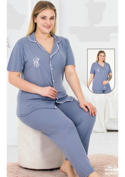 Biyeli Kısa Kol Düğmeli Pamuklu Soft Kumaş 2 Li Pijama Takım Battal Seri Dar Kalıp