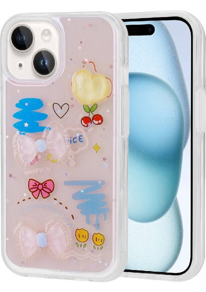 Apple iPhone 15 Plus Kılıf Kabartma Figürlü Parlak Minimini Silikon Kapak-Pembe