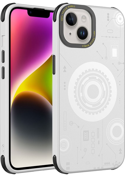 Apple iPhone 14 Plus Kılıf Wireless Şarj Özellikli Desenli Hot Kapak-Beyaz