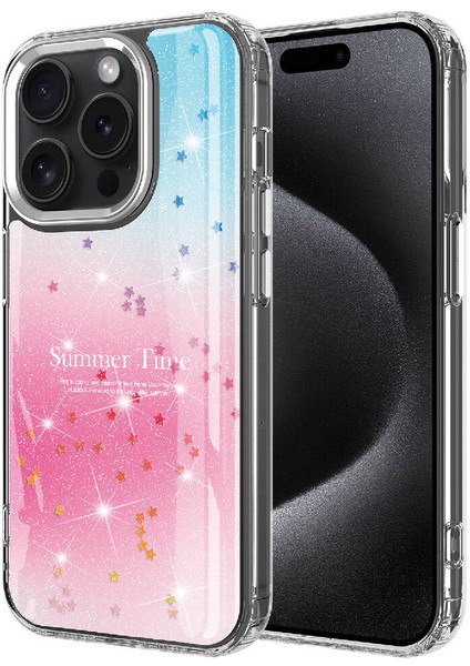 Apple iPhone 15 Pro Max Uyumlu Simli Desenli Parlak Task Kapak-Mavi
