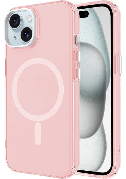 Apple iPhone 15 Kılıf Magsafe Şarj Özellikli Buzlu Transparan C-Pro Sert Kapak-Pembe