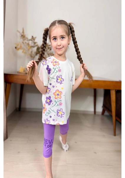 Çiçek Desenli Lila Renk Kız Çocuk Kapri Taytlı Takım