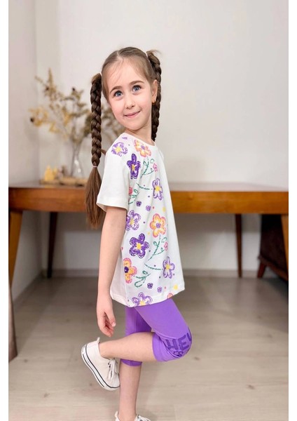 Çiçek Desenli Lila Renk Kız Çocuk Kapri Taytlı Takım