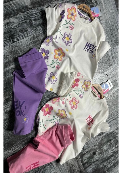 Çiçek Desenli Lila Renk Kız Çocuk Kapri Taytlı Takım
