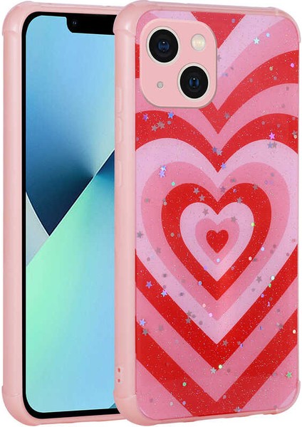 Apple iPhone 13 Kılıf Simli Desenli Kamera Korumalı Parlak Popy Kapak-Kalp