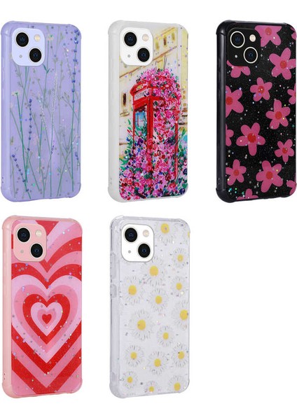 Apple iPhone 13 Kılıf Simli Desenli Kamera Korumalı Parlak Popy Kapak-Kalp
