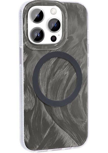 Apple iPhone 14 Pro Kılıf Magsafe Şarj Özellikli Fırça Boya Desenli Palet Kapak-Gri