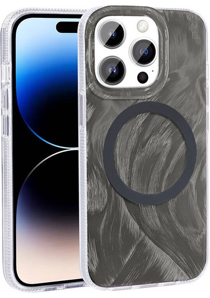 Apple iPhone 14 Pro Kılıf Magsafe Şarj Özellikli Fırça Boya Desenli Palet Kapak-Gri
