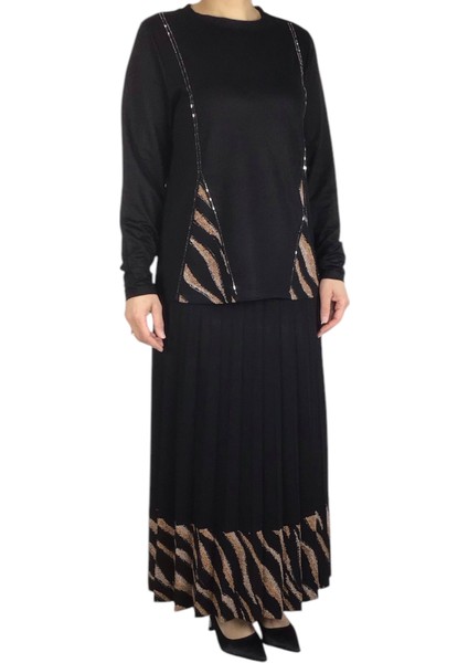 Kadın Leopar Detaylı Etek Pliseli Bluz Önü Taşlı Ikili Takım fiyatları