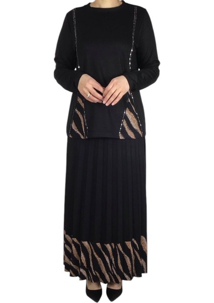 Kadın Leopar Detaylı Etek Pliseli Bluz Önü Taşlı Ikili Takım modelleri