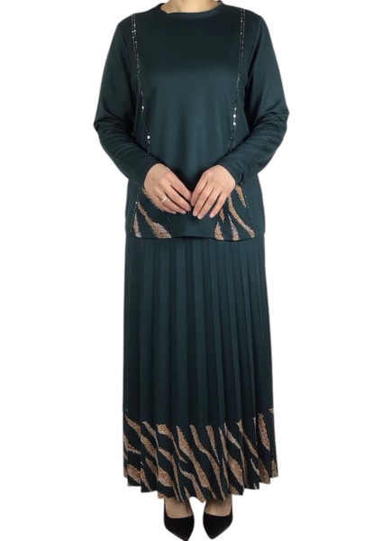 Kadın Leopar Detaylı Etek Pliseli Bluz Önü Taşlı Ikili Takım fiyatları