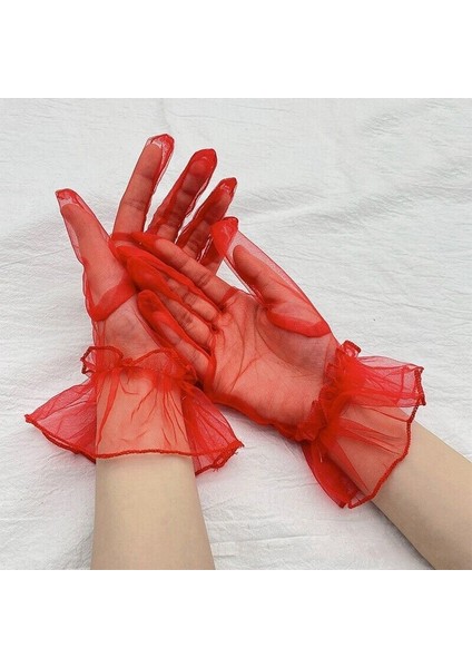 Kısa Boy Likralı Güpürlü Yetişkin Tül Eldiven Kırmızı Renk (Lisinya) - 389609-1453