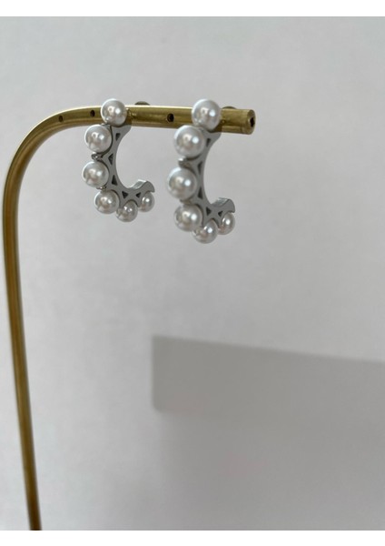 Halka Incili Çelik Silver Küpe