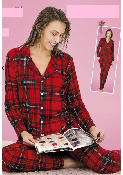 Ekose Kareli Kırmızı Renk Milan Kumaş Düğmeli Uzun Kollu 2 Li Pijama Takım