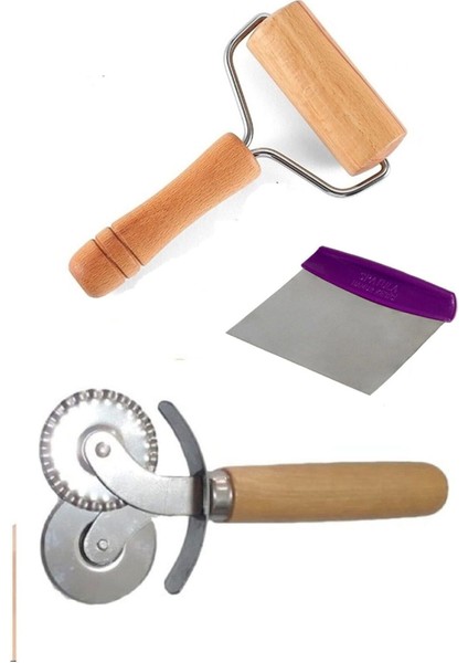 3 Lü Mutfak Seti Rulo Hamur Merdane - Hamur Metal Spatula- Pizza 2 Başlıklı