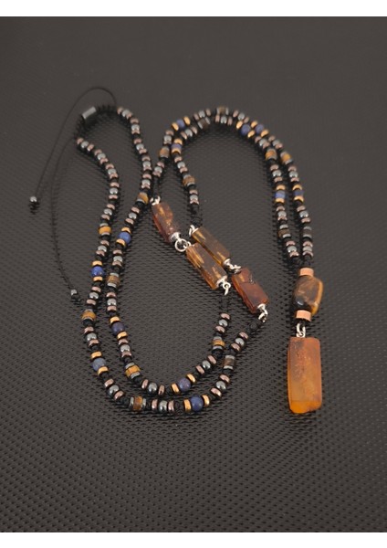 Sertifikalı Baltık Damla Kehribar-Lapis Lazuli-Kaplangözü-Hematit Doğaltaş Kolye Takı Aksesuar