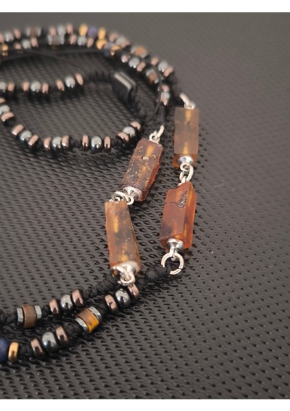 Sertifikalı Baltık Damla Kehribar-Lapis Lazuli-Kaplangözü-Hematit Doğaltaş Kolye Takı Aksesuar